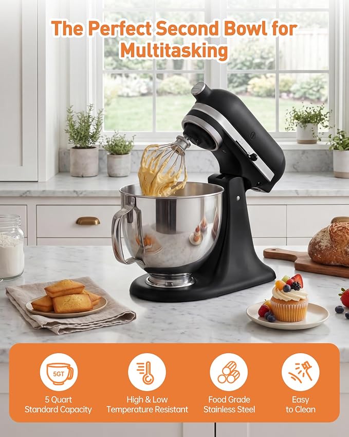 5 QT Food Grade Stainless Steel Mixing Bowl Compatible with KitchenAid | Tilt-Head Stand Mixer 4.5-5 Quart, Replacement Kitchen Aid Bowl with Handle & Clasp, Dishwasher Safe