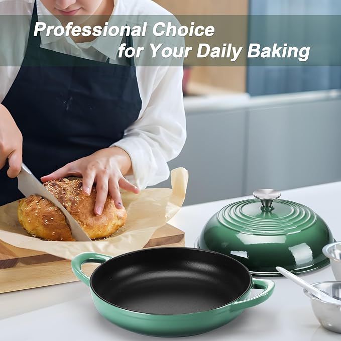 TeamFar Cast Iron Bread Dutch Oven, 6 Qt Enameled Dutch Oven Pot | for Sourdough Bread Baking, Tall Dome Lid & Round Base Pan, Self-Basting & Even-Heating, Heavy-Duty & Non-stick, Dark Green