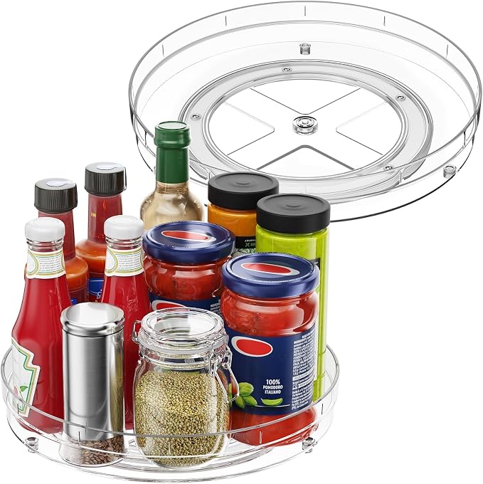 Optish 2 Pack 10.7" Clear Lazy Susan, Non-Skid Turntable Spice Organizer | 360° Smooth Rotation, Clear Design, Tall Raised Edge, Easy Access, Load 15 lbs, for Spices, Cabinet, Pantry, Fridge, kitchen