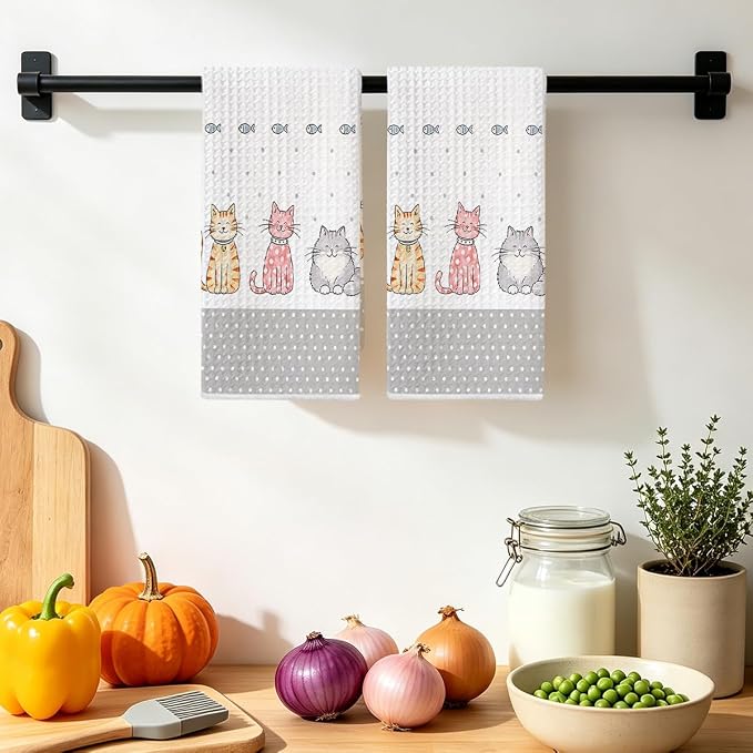 Jztco 2 Pcs Cute Cat Kitchen Towels, Cat Gifts Reusable Hand Towels | Cat Dish Cloths for Drying Dishes, Cats Waffle Dish Towels for Kitchen Bathroom Decor, Cat Lover Gifts for Women Grandma Mom