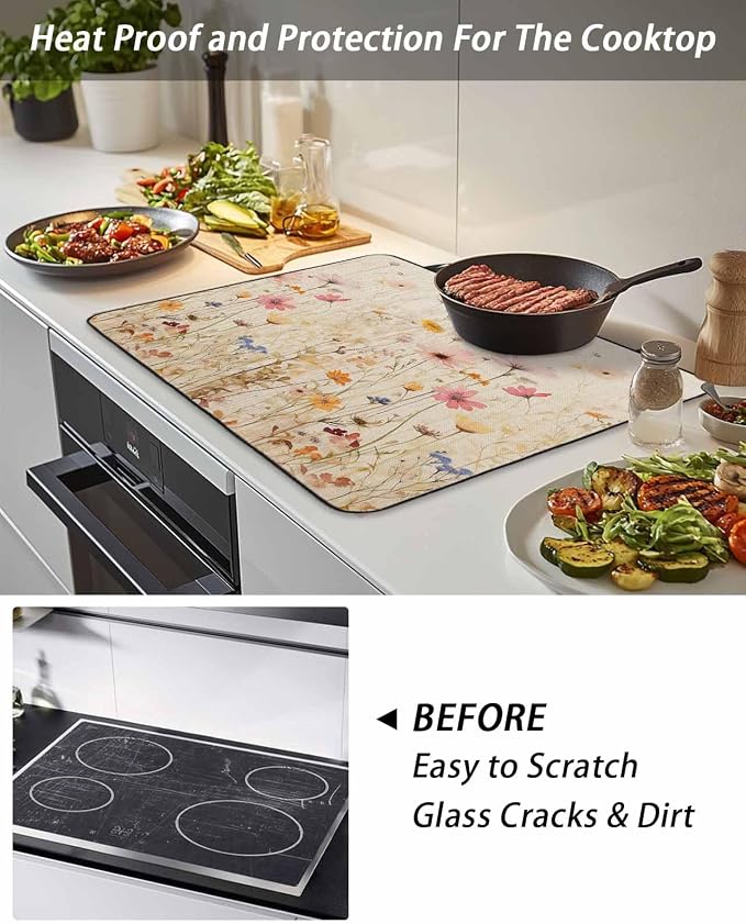 Stove Top Covers for Electric Stove 31x24 Inches, Botanical Flower HeatResistant Glass Cooktop Protector, Retro Colorful Spring Vintage Floral Ceramic Stovetop Countertop Covers Mat, Oven Cover