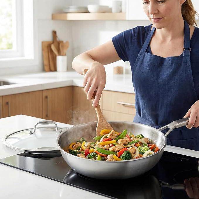 Inqibee 12 Inch Stainless Steel Wok Pan with Lid, Detachable Handle | Uncoated Tri-Ply Stainless Steel Stir Fry Pan, Everyday Cooking Wok for Induction, Flat Bottom, Dishwasher & Oven Safe