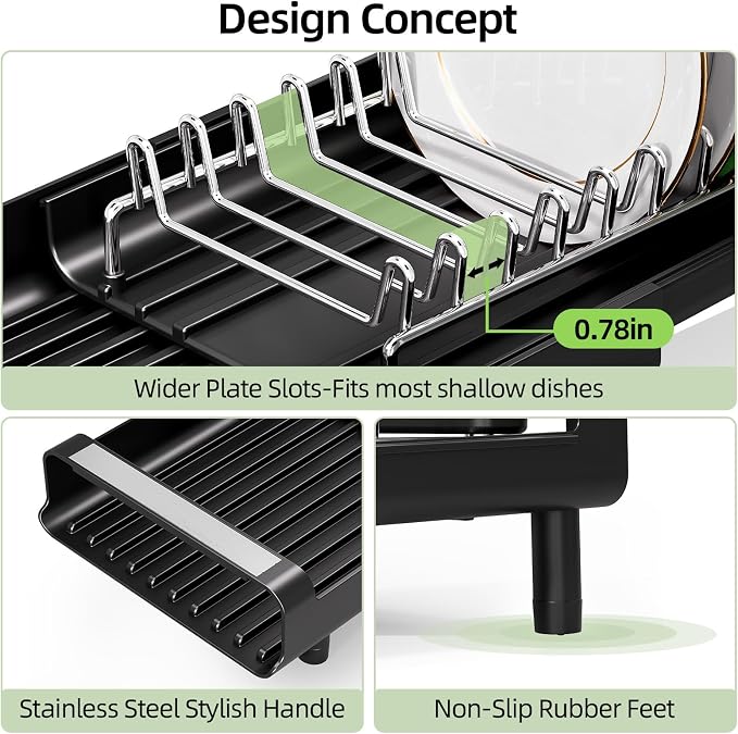 TOOLF Small Dish Drying Rack, Expandable and Space-Saving, Matte Black | Mini Dish racks for kitchen counter, Compact Design Fits Sink or Counter, Stainless Steel Plate Rack, 11"-19.3"L×7.7"W×3.54"H
