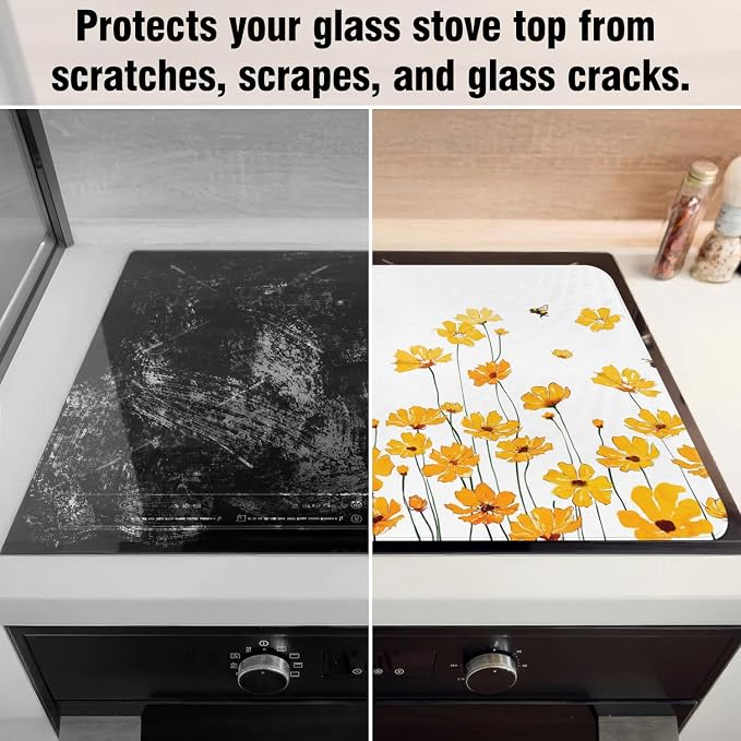 Spring Summer Glass Stove Top Covers for Electric Stove,Yellow Flowers Floral Bee Farmhouse Heat Resistant Cooktop Protector Non-Slip Washable Dish Drying Mat Rug Pad for Kitchen Decor 28"x20"