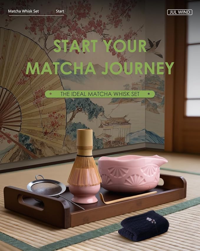 Matcha Whisk Set, Ceramic Matcha Set Includes Matcha Bowl and Matcha Whisk | Holder, Spout, Bamboo Scoop, Sifter and Tea Towel - 6 Pcs Matcha Kit Gift for Matcha Lovers Beginners