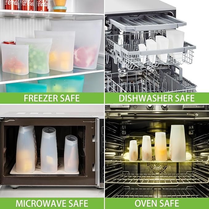 100% Silicone Reusable Storage Bag, 9 Pack Stand-Up Wide-Mouth Zip-Lock Food Storage Bags, Easy-Fill Easy-Open Easy-Clean Space-Saving, Microwave & Dishwasher Safe, Gallon/Sandwich/Snack, Translucent