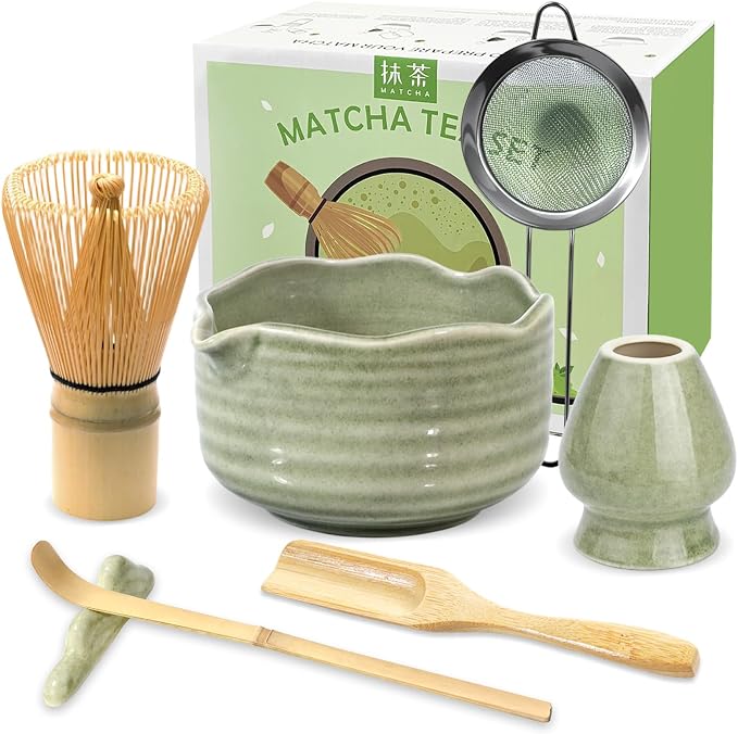 JBER Matcha Whisk Set, 7PCS Matcha Set with Bamboo Whisk for Matcha Lovers | Ceramic Matcha Kit Includes 17oz Bowl, Whisk (Chasen) 100 Prongs, Holder, Spoon, Sifter for Matcha Beginners, Mottled Green