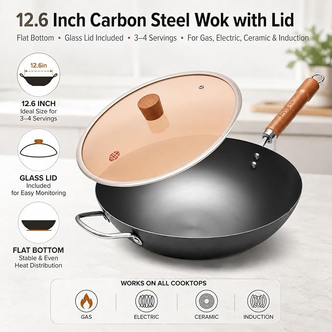 WANGYUANJI Carbon Steel Wok with Lid, 12.6 Inch Flat Bottom Wok Pan, Uncoated Stir Fry Pan with Wooden Handle, Chinese Wok for Gas, Electric, Induction & Ceramic Stoves | Uncoated Stir Fry Pan with Wooden Handle for Gas, Electric, Induction & Ceramic S...