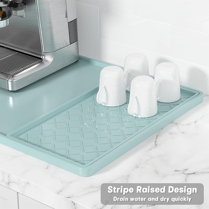 Rnivvi Silicone Coffee Mat, 16" x 24" Waterproof Raised Edge Coffee Bar Mats for Espresso Machine Station Accessories, Heat Resistant Detachable Dish Drying Pad for Kitchen Counter, Shadow Green