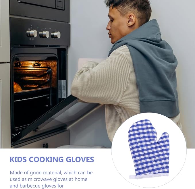 2Pcs Oven Mitts for Play Kitchen, Anti- Scald Gloves Microwave Oven Gloves Kitchen Mitts for Safe Baking Cooking (Dark Blue Checkered)