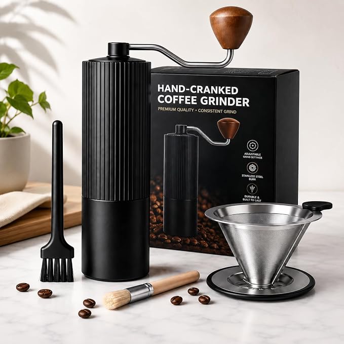 Manual Hand Coffee Grinder with Stainer, Adjustable 40mm Stainless Steel Burr, Portable Hand Crank Coffee Mill, 30g Capacity for Espresso, Turkish & French Press, Aluminium Body with Walnut Handle