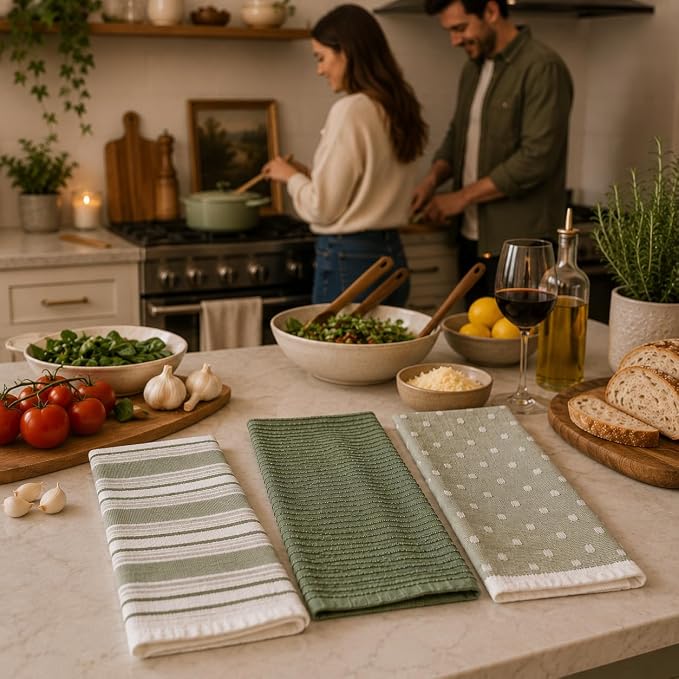 Sage Green Striped Kitchen Hand Dish Towels, Set of 3, 100% Cotton, 16x26 | Striped Solid Polka Dot Design, Soft Absorbent Cleaning Drying Cloth, Multipurpose for Everyday Use