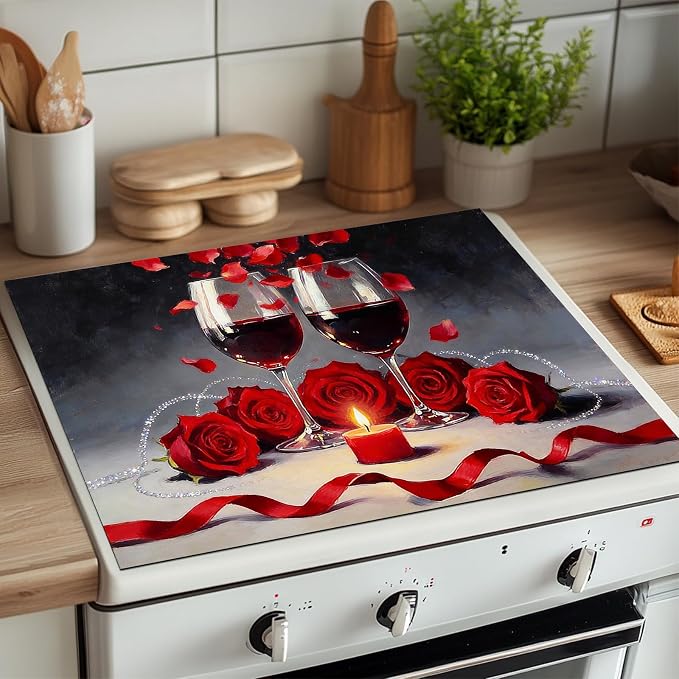 HOMETITUTE Spring Stove Top Cover 28x20 Rose Wine Heat Resistant Glass Protector