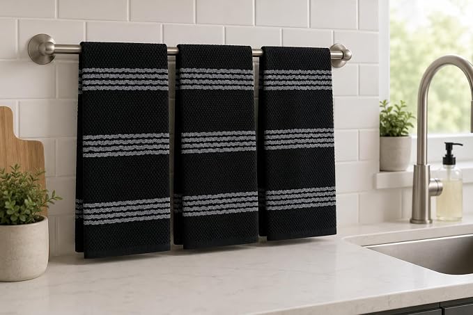Black Kitchen Hand Dish Towels: Oversized 18" x 28",100% Cotton Soft Absorbent Dish Cloths for Cleaning Drying, Set of 3 Multipurpose for Everyday Use