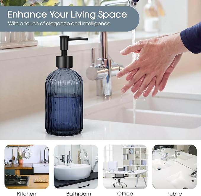 Topsky Stripe Glass Soap Dispenser with Black Plastic Pump, 400ml Liquid Hand Soap Dispenser, Rustproof Pump for Kitchen & Bathroom, Great for Lotions, Essential Oil, Liquid Soaps- (Grayish Blue)