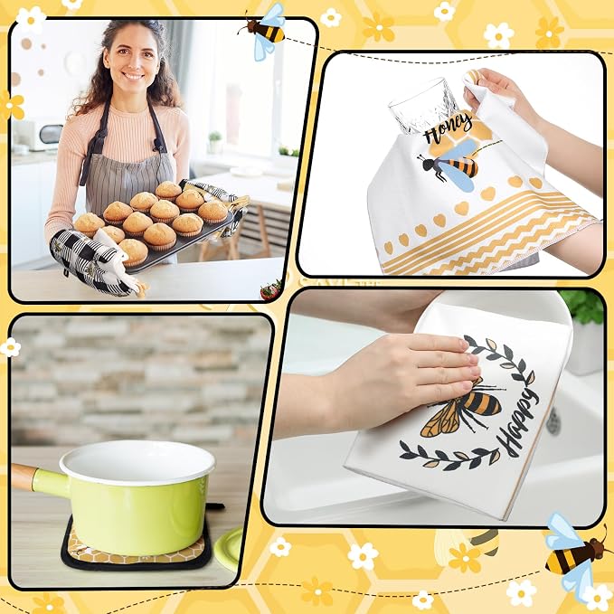 Fourluoo 10 Pcs Bee Kitchen Decor Set Honey Bee Dish Towels Rugs Oven Mitts and Pot Holders Set Farmhouse Kitchen Decor for Women Mom Gift Cooking Baking Grilling