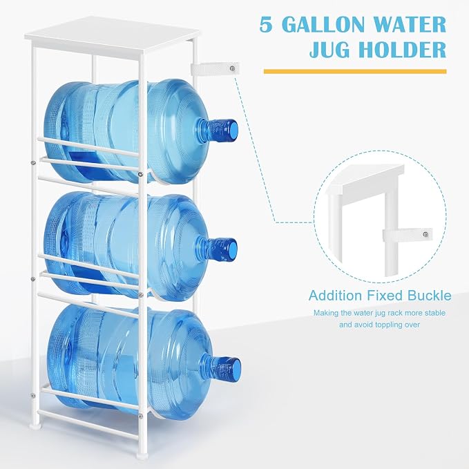 OYEAL 5 Gallon Water Bottle Jug Holder 3-Tier Water Bottle Holder Organizer with Top Shelf, Heavy Duty Water Dispenser Stand Rack for Kitchen Living Room Office, White