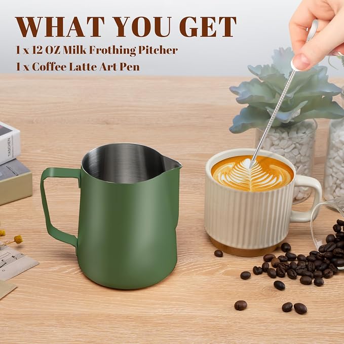 Amrules Milk Frothing Pitcher 12oz Frother Cup Barista Tools, Green | 18/8 Stainless Steel, 12oz Capacity with Clear Scale, with Decorating Pen, Ergonomic Handle, for Cappuccino, Latte & Espresso