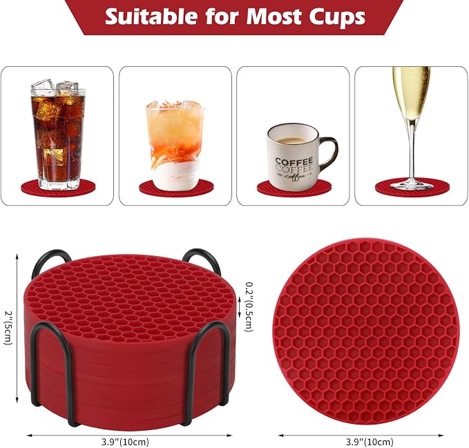 TWTLi Silicone Coasters Set of 8 with Holder — Non-Slip Drink Coasters for Coffee Table, Home Bar & Kitchen, Protects Wood & Marble Surfaces from Water Rings, Dishwasher Safe (8 Pcs, Wine red)