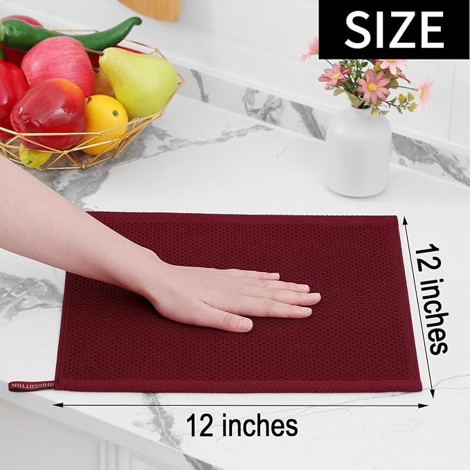 Homaxy 100% Cotton Waffle Weave Kitchen Dish Cloths 24-Pack, Burgundy | 12 x 12 Inches, Ultra Soft Absorbent Dish Towels, Quick Drying Dish Rags with Hanging Loop