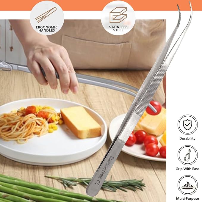 Professional Culinary Stainless Steel Precision Tongs With Serrated Tips - Plating/Food Presentation Detailing Serving - Chef's Kitchen Tweezer - Ultra Non-Slip Grip (8" Curved Slim)