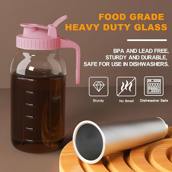 Cold Brew Coffee Maker, 64 oz Glass Mason Jar Pitcher | 100μm stainless steel filter, wide mouth design, leak-proof lid with handle, pour spout for iced coffee, tea and cold drinks
