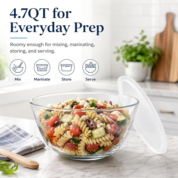 4.7Qt Extra Large Glass Mixing Bowl for Sourdough Bread Making | Glass Mixing Bowl for Sourdough Bread with Lid Clear Breads Proofing Bowl with Covers Ideal for Kitchen Storage
