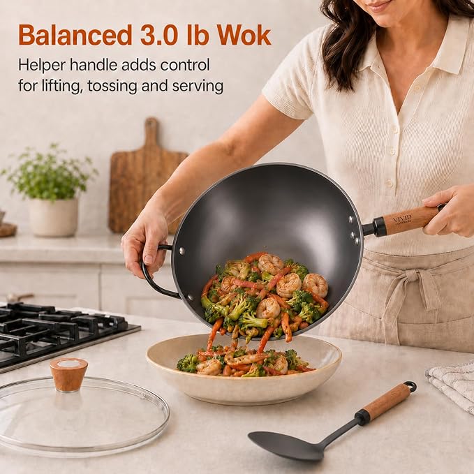 12.6 Inch Carbon Steel Wok with Lid, Flat Bottom Induction Wok Pan, Non-Coated Stir Fry Wok Skillet with Helper Handle, Gas Electric Ceramic Halogen Compatible, Includes Iron Wok Spatula