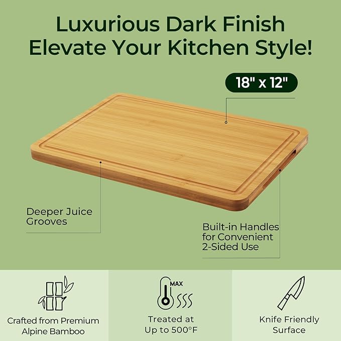 Keechee Natural Bamboo Cutting Board for Kitchen, XL Carving Board | Non Toxic, Resisted-Cracking&Curling, Deep Juice Groove, Side Handles,Cross-Laminated Structure, Knife-Friendly