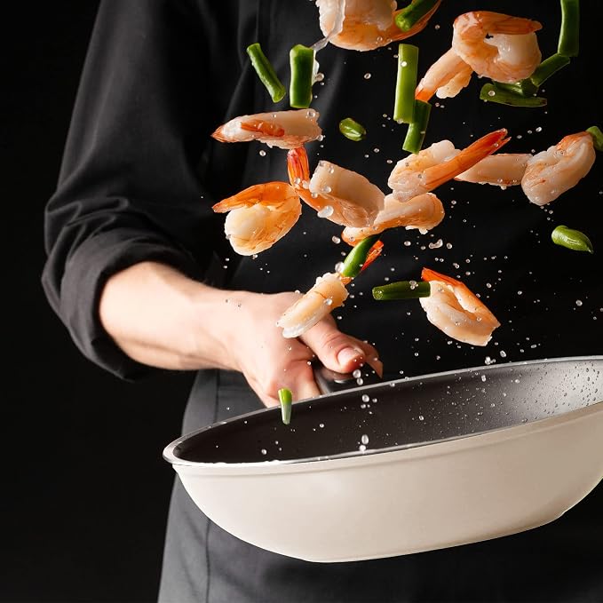Neoflam Eela 12'' Non Stick Chef's Wok with Glass Lid, Stir Fry Pan and POFA-Free Ceramic Coating for Cooking Saute Vegetables, Meat, Fish, 12 inch, Ivory (Handle assemble required)