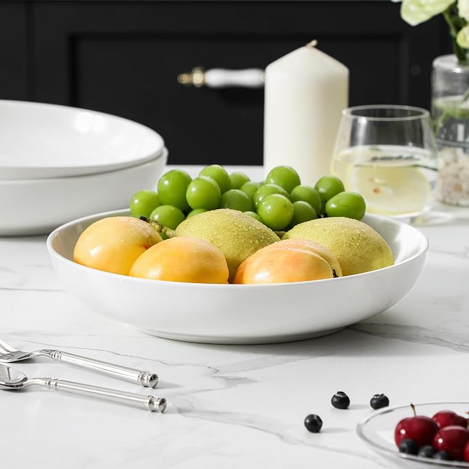 MALACASA 10" Large Pasta Bowls Set of 4, 56 OZ Wide and Shallow Salad Bowls Soup Bowls, Porcelain White Serving Bowls, Kitchen Bowl Plates Pasta Plates, Microwave & Dishwasher Safe, Series REGULAR