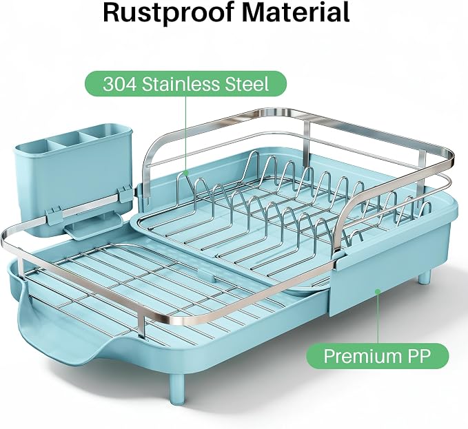 SNTD Expandable Dish Drying Rack for Kitchen Counter, 15.2-22.1 in, Blue | Rust-Resistant Stainless Steel, Protective Side Rails, Self-Draining Drainboard, Removable Utensil Holder