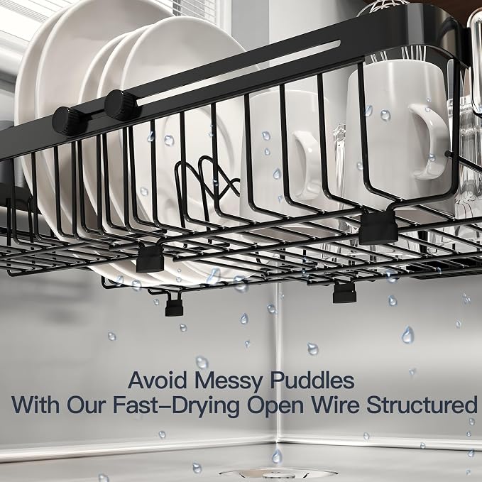 Dish Drying Rack Over The Sink with Utensil Holder, Mat | Expandable Stainless Steel Dish Drainer for Small Kitchen, Apartment, RV, Counter Space Saving, Perfect Fit, Rustproof