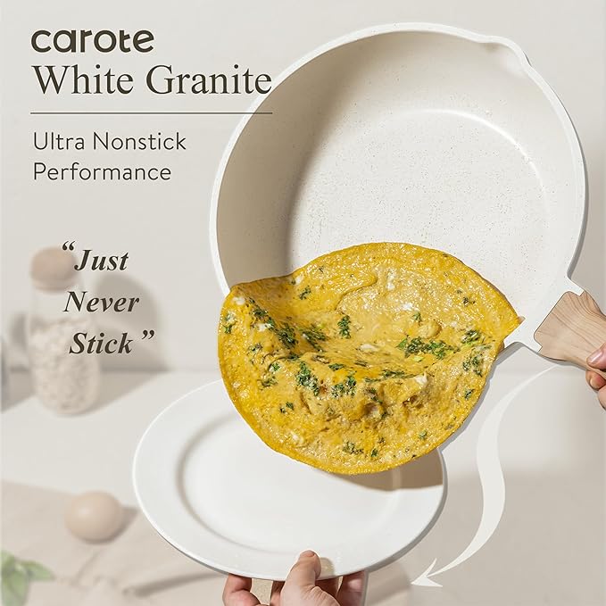 CAROTE 12 Inch Nonstick Deep Frying Pan with Lid, 5.5 Qt | Kitchen Non-Toxic PTFE & PFOA Free Cookware, Covered Skillet All Stovetops Compatible , White Granite