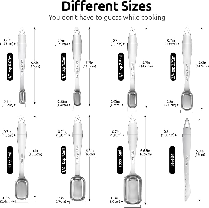 U-Taste Narrow Square Measuring Spoons, Metal Measure Set of 8 with Leveler | Long Handle Rectangular Teaspoon Tablespoon, 18/8 Stainless Steel Polygons Measure Spoon Set, Narrow Scoop for Spice Jars