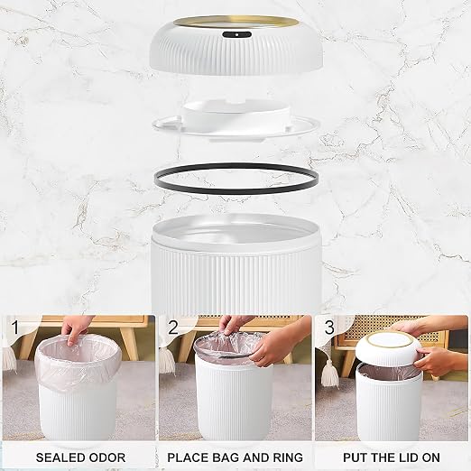 Automatic Motion Sensor Bathroom Trash Can with Lid,White and Gold | 3 Gallon Touchless Trash Bin,Auto Plastic Electric Garbage Cans Small White waste basket for Office, rv, Bedroom, Living Room