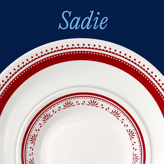 Corelle Everyday 18-PC Dinnerware Set Service for 6, Durable and Eco-Friendly, Higher Rim Glass Plate & Bowl Set, Microwave and Dishwasher Safe, Sadie