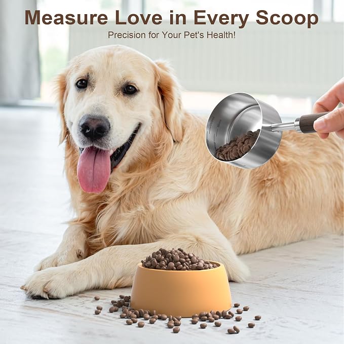 Dog-Cat Food Scoop Measuring-Cup - 1/2 Cup (4 Oz),304 stainless steels,Black walnut long handle…