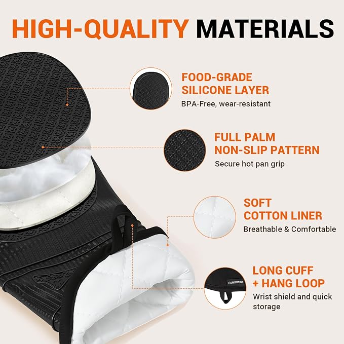 Silicone Oven Mitts, 14.2" Extra Long, Heat Resistant, Black | Heat resistant up to 570°F, wrist and forearm coverage, non-slip grip, waterproof exterior, 2-pack