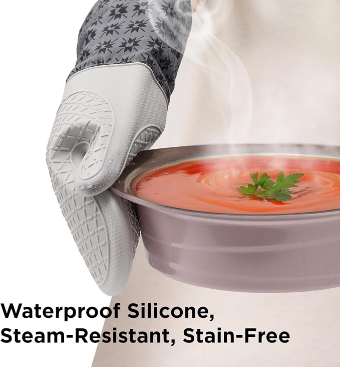 Kitchen Mama UltraShield Silicone Oven Mitts, Gem Gray | Heat Resistant, Non-Slip Surface, Waterproof, Flexible, Durable