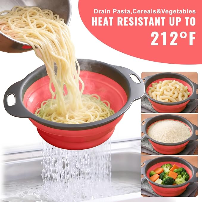 2 Pack Collapsible Silicone Colander with Handle, Over Sink Foldable Food Strainer, BPA-Free Space Saving Drain Basket for Vegetables, Fruits, Pasta, Kitchen & Camping (Red)