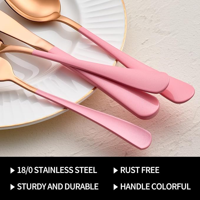 20-Pieces Rose Gold and Pink Silverware Sets for 4,Pink Handle Stainless Steel Cutlery Set, Include Forks Spoons and Knives Set, Dishwasher Safe Utensil Sets for Home Restaurant