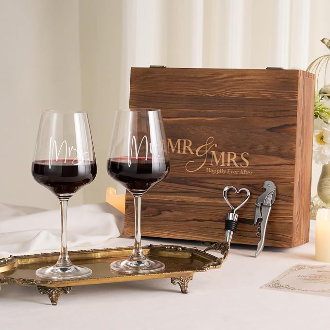 AW BRIDAL Mr and Mrs Wine Glasses, Bridal Shower Wedding Gifts for Couples | Engagement Gift for Newlyweds 2026, Bachelorette Gifts for Bride to Be, Wedding Glass with Opener Stopper Wooden Keepsake Box