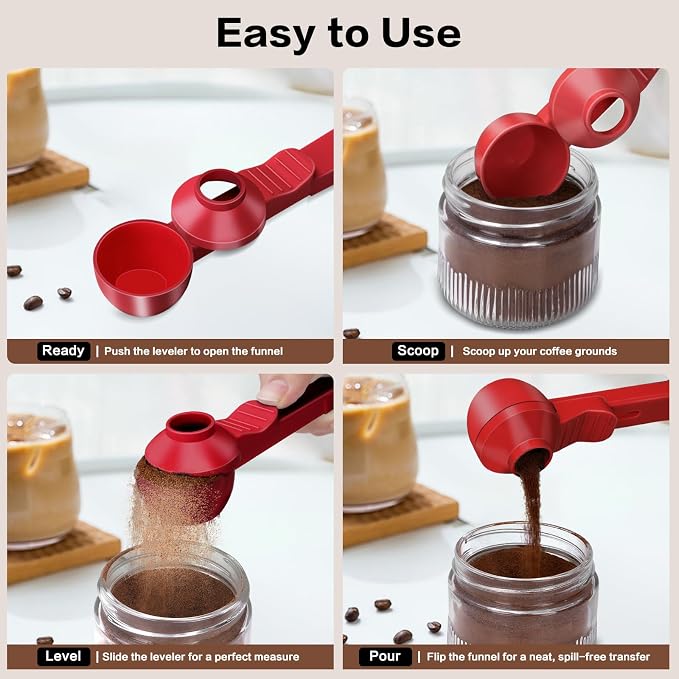 2-in-1 Coffee Scoop with Funnel, 2 Tbsp Measuring Spoon for Reusable K Cups, Ground Coffee, Protein Powder & Tea, Mess-Free Plastic Design（Red-2pack）