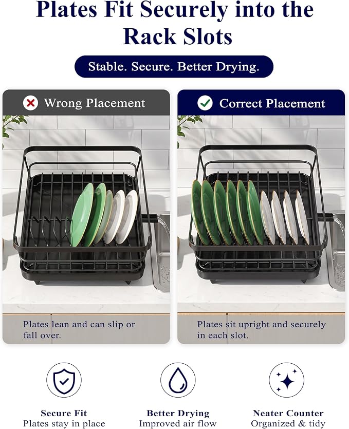 Kitsure Dish Drying Rack for Kitchen Counter, 12''W x 15.5''L, Black | Stainless Steel Sink Organization, Cutlery Holder, Home and Appartment Decor
