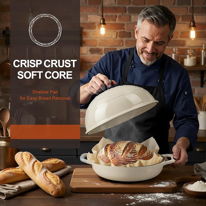 Overmont Enameled Cast Iron Dutch Oven, 6QT Bread Oven with Dome Lid Recipe | Tall Bread Pot with Potholders, for Sourdough Bread Baking Artisan Loaves, Crispy Crust & Better Oven Spring, 500°F Oven Safe
