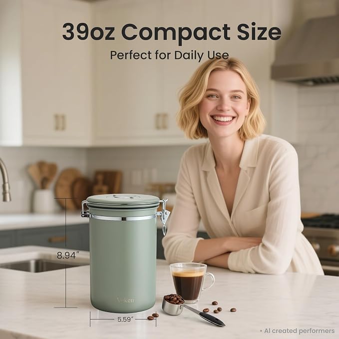 Veken Coffee Canister,39OZ, 2.2lbs,Large Airtight Stainless Steel Container | Date Tracker, Kitchen Food Storage Jars for Beans,Ground, Espresso, Rice,Tea, Sugar, Cereal, Cookie,Gifts, Lids, Scoop, Green