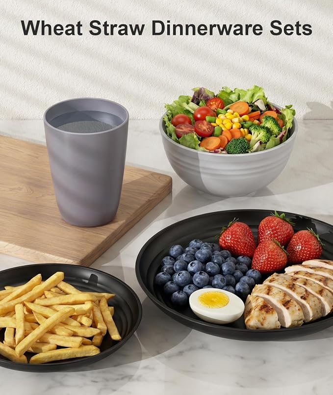 Quatish 24 Pcs Unbreakable Plates and Bowls, Plastic Dinnerware Sets for 6, Reusable Dish Set for Camping, Dishwasher Microwave Safe, Outdoor Kitchen and Apartment Dinning RV Essentials, Grey