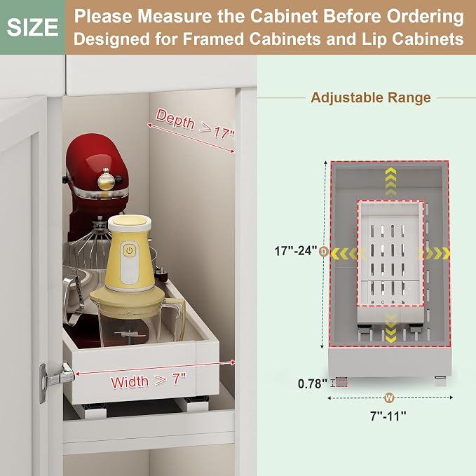 Fokyfok Pull out Cabinet Organizer,7"-11"W, 17"-24"D,Expandable,Adhesive | No Drill,Roll out Drawers,Adjustable Slide out Shelves for Kitchen,Pantry,Framed and Framless Cabinets,White,1PC