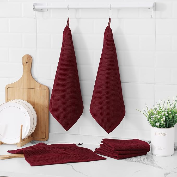 Kitinjoy 100% Cotton Waffle 6-Pack Kitchen Towels, 12" x 12", Burgundy | Ultra Absorbent, Super Soft, lightweight, Quick Drying Dish Rags for Washing Dishes